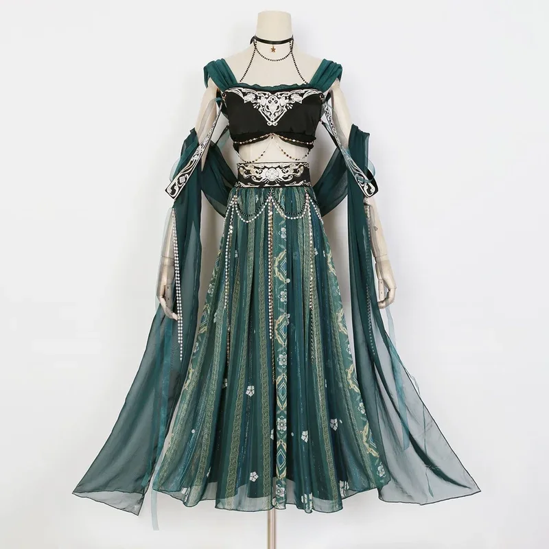 Jialan Feitian Dunhuang Han Element Ancient Western Regions Style Half Skirt and Silk Cloth Set for Green Lolita Dress