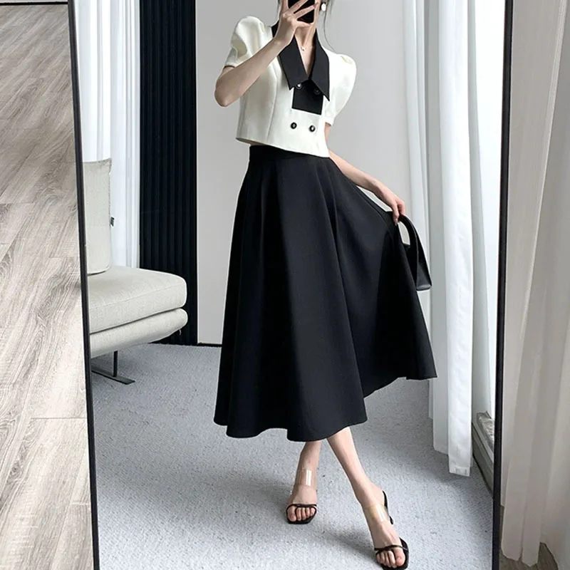 

French Elegant Two Piece Sets Vintage Office Lady Puff Sleeve White Crop Top + A Line Black Midi Skirts Suit Retro Summer Outfit
