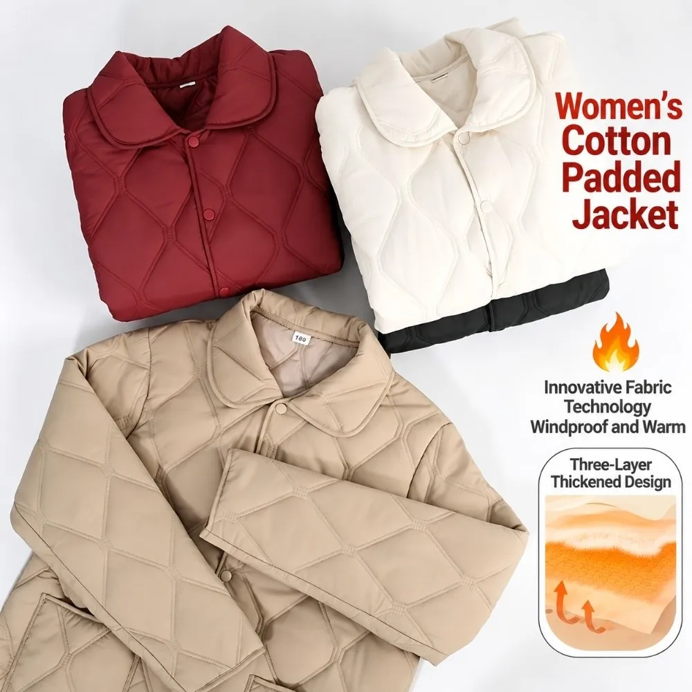 Rhomb Pattern Short Cotton Coat Warm Lining Turn-down Collar Light Jacket Loose Fit Big Pocket Quilted Jacket Autumn Season