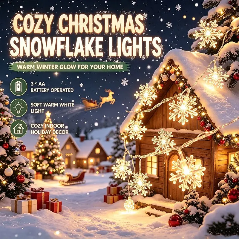 1.5m/3m/6m Snowflake Christmas String Lights, Battery Operated Warm LED Lights for New Year Party Bedroom Xmas Tree Ornaments