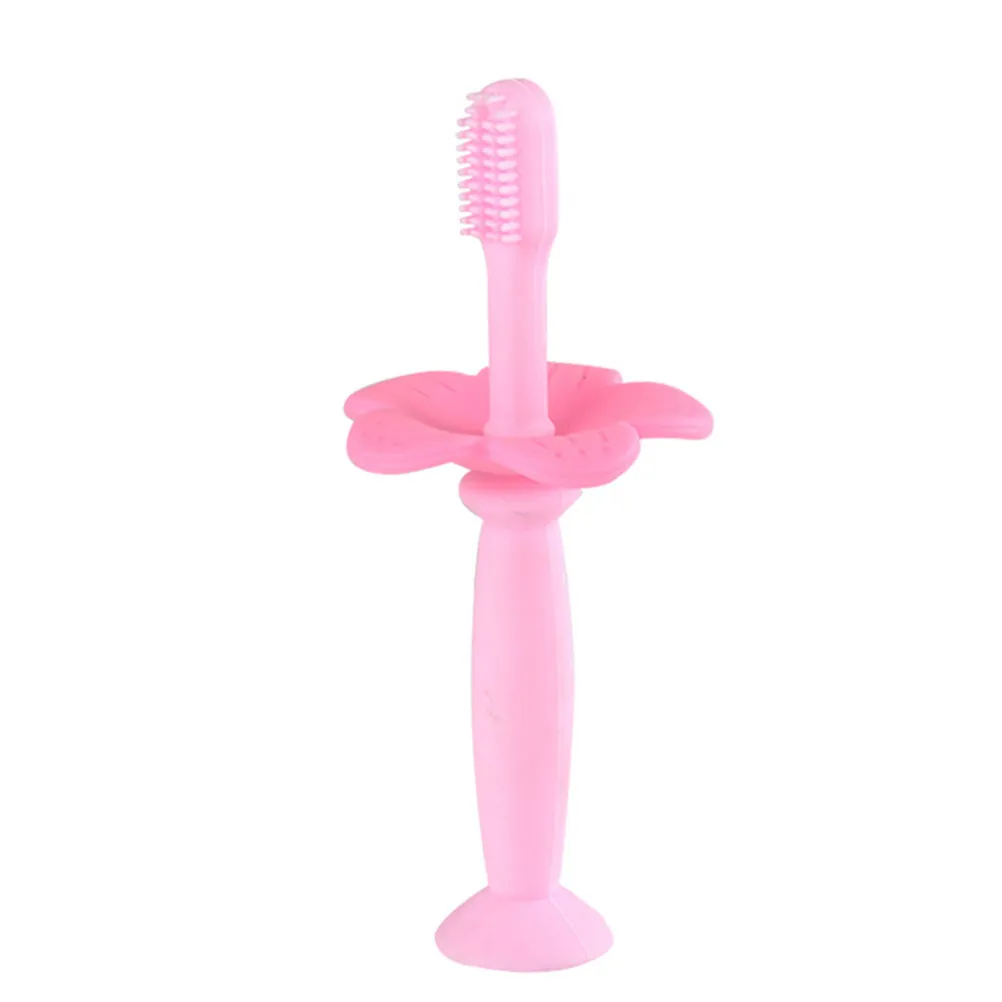 2Pcs Silicone Toothbrush Set with Protective Baffle Umbrella Shape Soft Bristles Teething Pad Suction Cup Design for