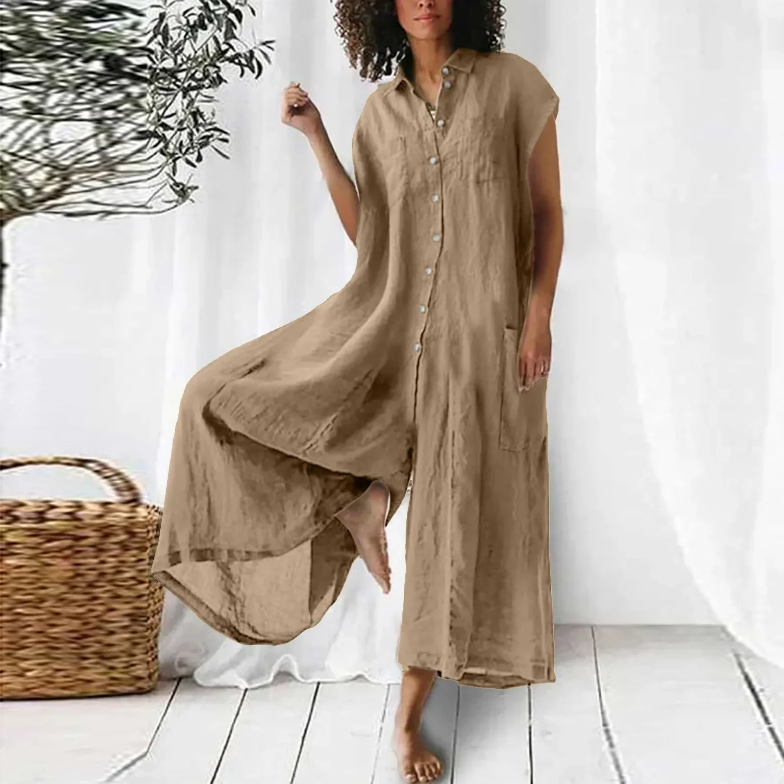 

Harajuku Retro Plain Cotton Linen Shirt Jumpsuit New Spring Lapel Button Women Rompers Summer Wide Leg Pants Big Pocket Overalls