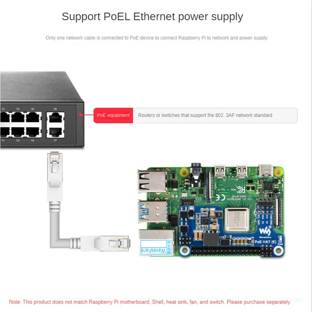 Waveshare PoE HAT(E) for Raspberry Pi Ethernet Power over Expansion Board for Raspberry Pi 3B+/4B for IEEE 802.3Af 1PCS