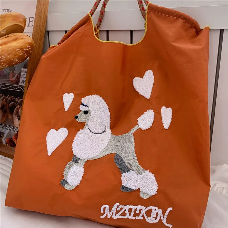 New Nylon Tote Bag Poodle Shopping Bag Cute Anime Embroidered Shoulder Women Eco Friendly Large Capacity Handbag Girls Gift