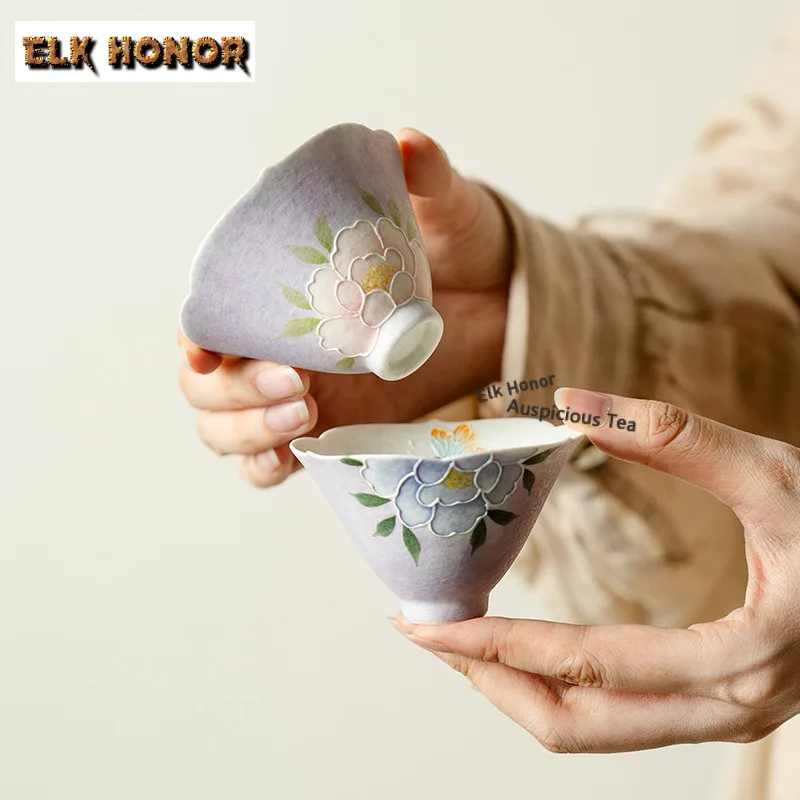 

75ml Hand-painted Peony Begonia Bucket Hat Teacup Boutique Tea Bowl Mug Tea-tasting Fragrance Cup Chazhan Master Cups Teaware