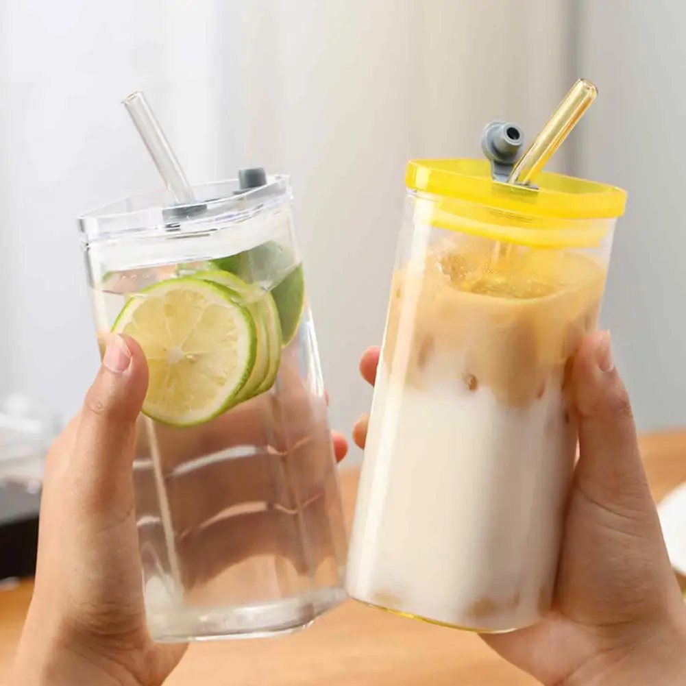Square Glass Cups with Lids Straws Iced Coffee Glassware Set Square Borosilicate Glass Cup with Lid Straw 350ml for Iced