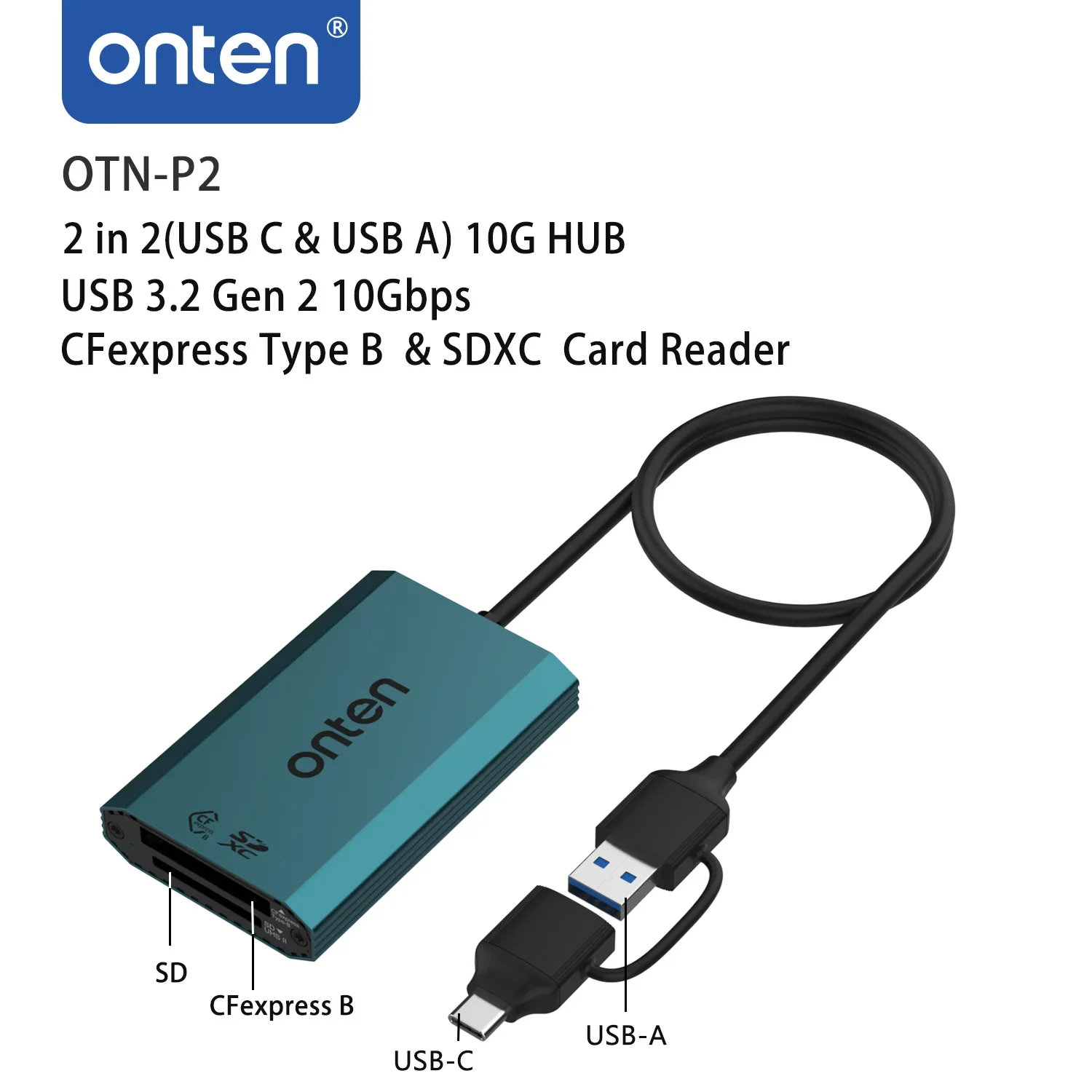 OTN-P2 2 in 2(USB C & USB A) 10G HUB USB 3.2 Gen 2 10Gbps CFexpress Type B & SDXC Card Reader