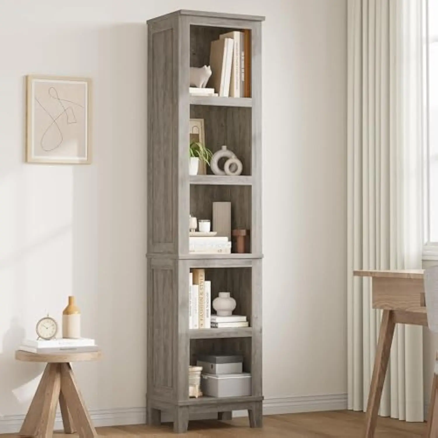 

Narrow Bookcase 5 Tier Farmhouse Bookshelf Wooden Bookshelf Rustic Vintage Etagere Oak for Home Office, Living Room, Bed Room