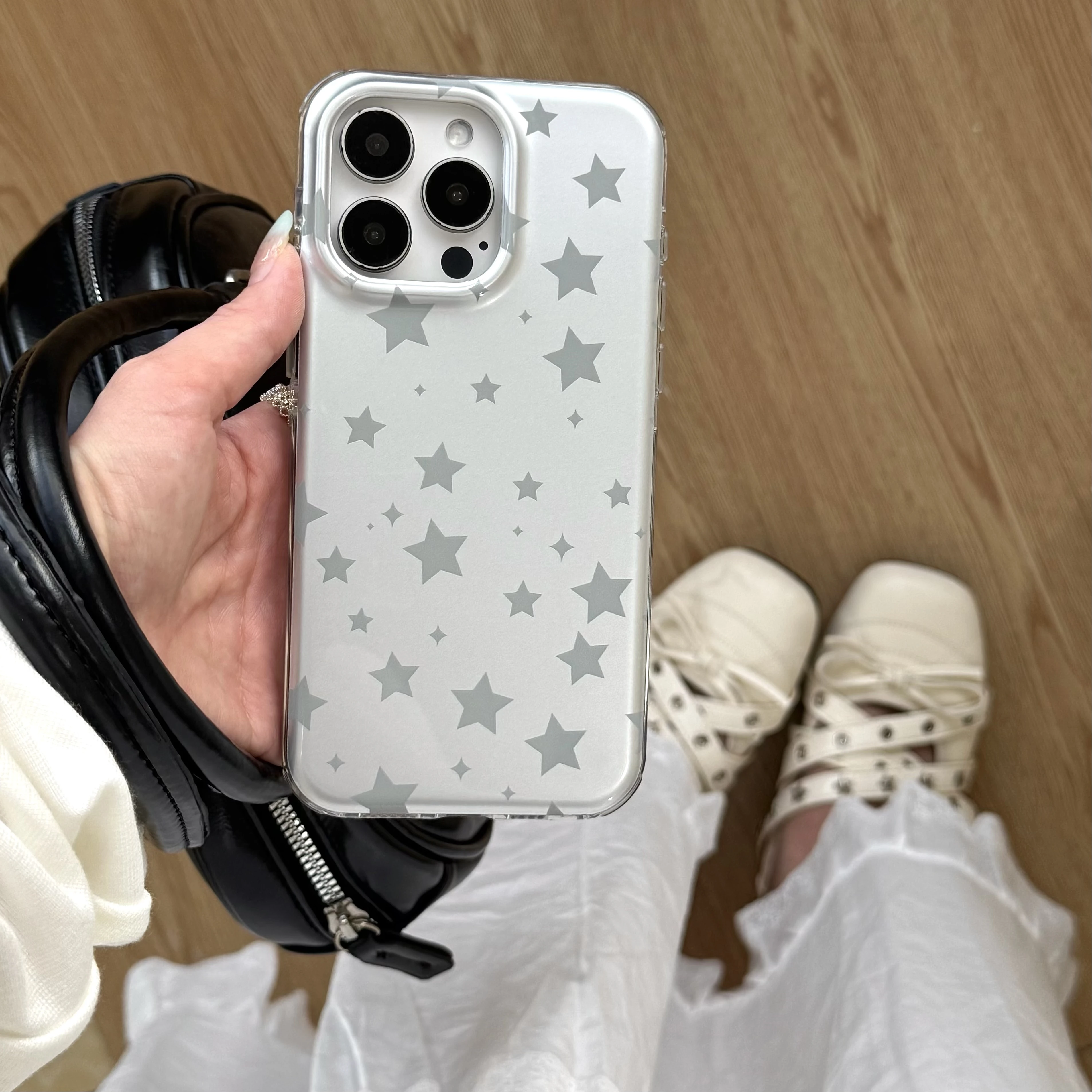 Koreanische INS Galvanisierte Silber Vollbild Sterne Muster Telefon Fall für iPhone 16 15 14 13 Pro Max Zurück Telefon Abdeckung Capa