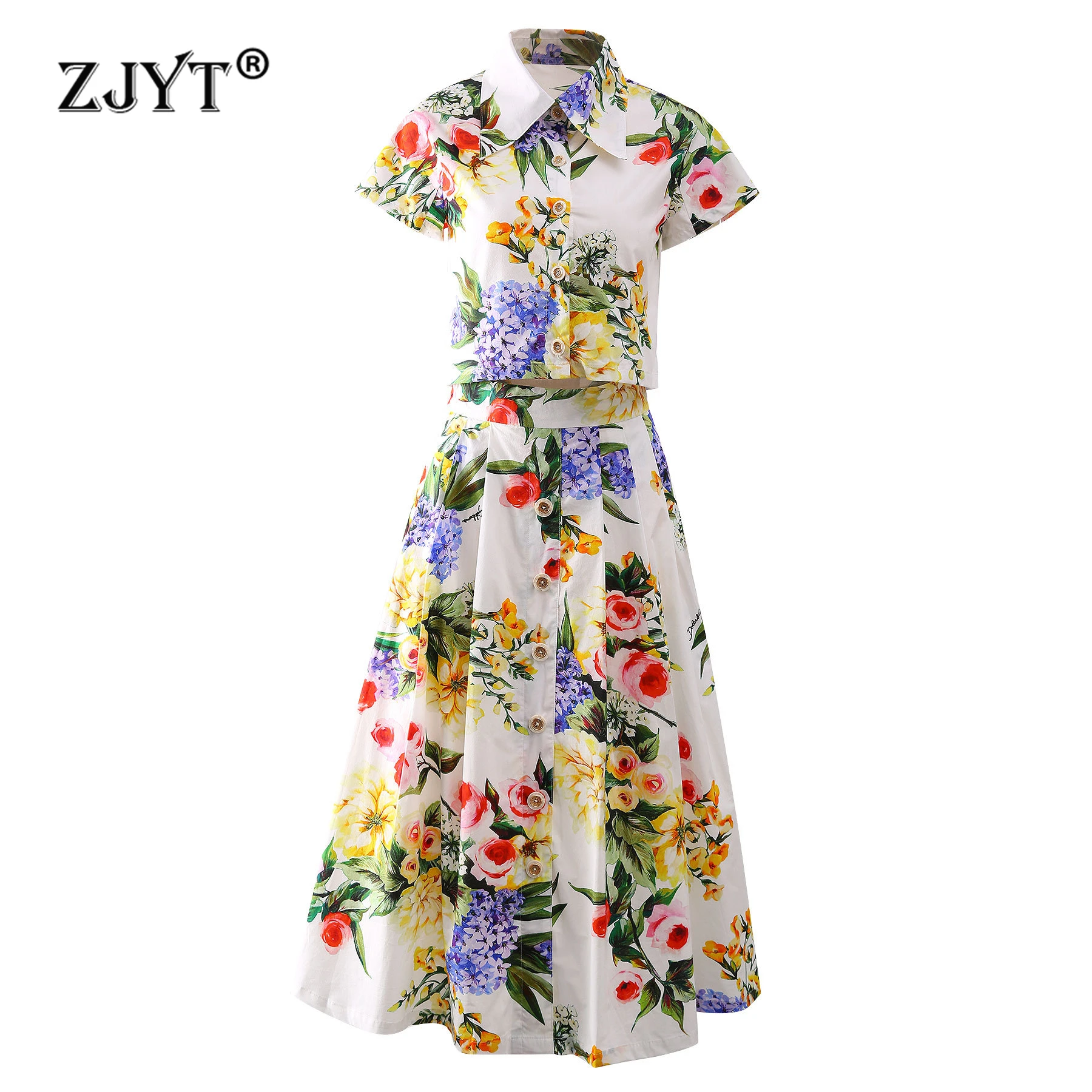 

ZJYT Women 100% Cotton Floral Print Dress Set Summer 2-Piece Short Sleeve Blouse Skirt Suit Runway Fashion Party Holiday Outfit