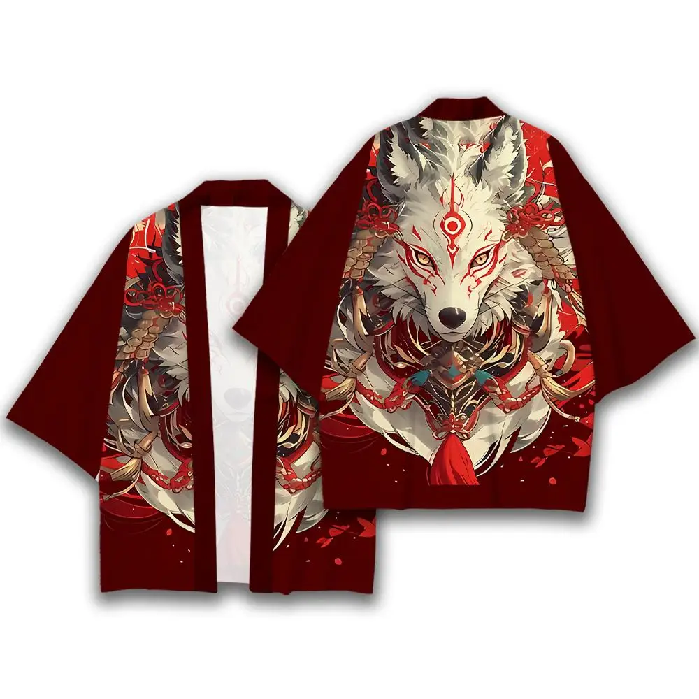 النمط الياباني التقليدي الكامل طباعة كيمونو Harajuku عطلة عادية الشاطئ سترة يوكاتا تسعة الذيل الثعلب Ukiyo-e الملابس