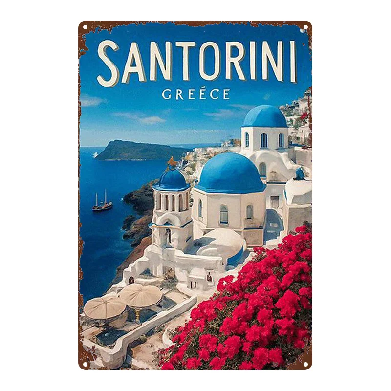 2D Flat, 1pc Santorini Greece Metal Wall Art Sign - White & Blue Greek Island Landscape with Iconic Dome Churches, Aegean Sea Cl