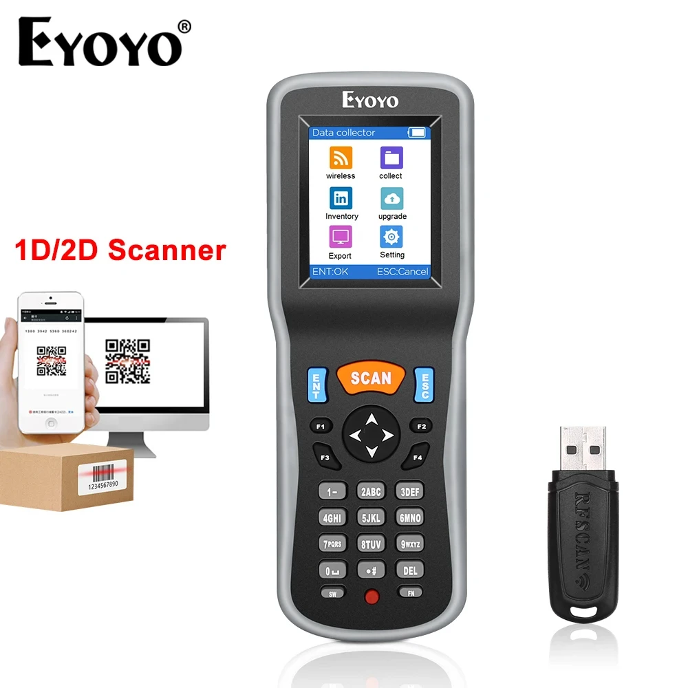 Eyoyo EY-7000 แบบพกพา 1D/2D QR Code Scanner ข้อมูลมือถือรวบรวม 2.2 "หน้าจอ LCD Inventory Counter พร้อมตัวรับสัญญาณ USB