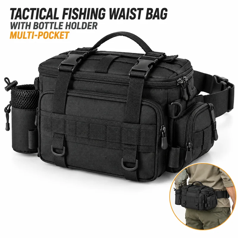 Fishing Tackle Bag with Rod Holders, Water-Resistant Multifunctional Waist Shoulder Crossbody Lure Storage Gear Bag
