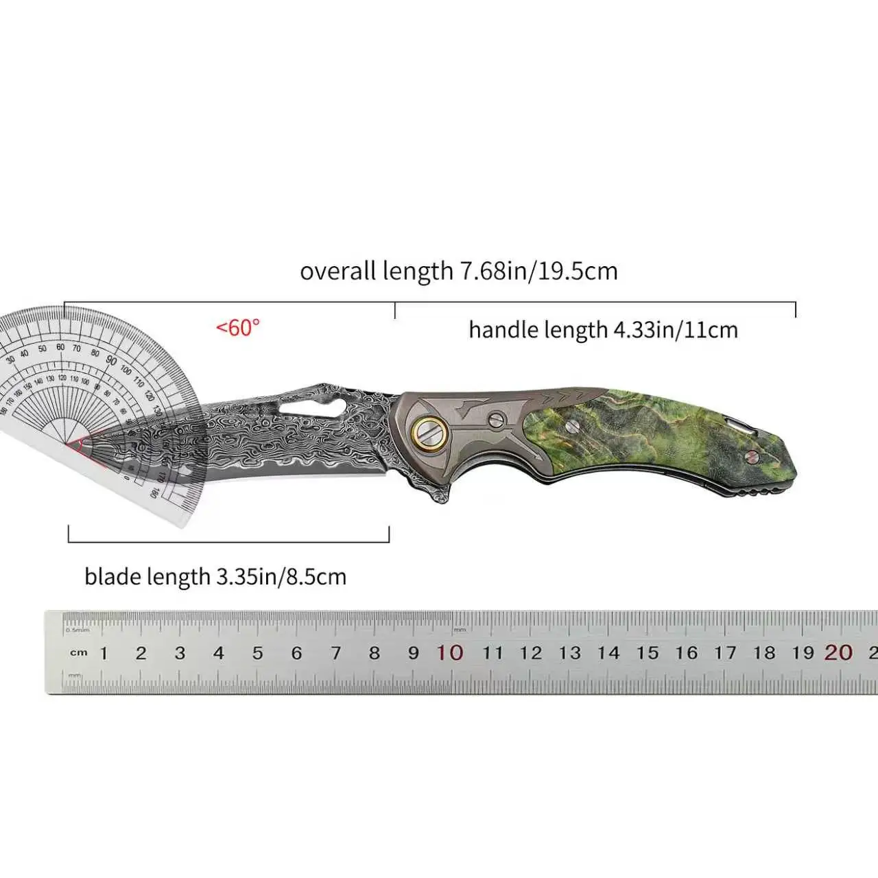 NEWOOTZ Handmade Damascus Steel Knife 67 Layers, Stabilized Wood Handle 60HRC, 4mm Thick Blade with Leather Sheath folding knife