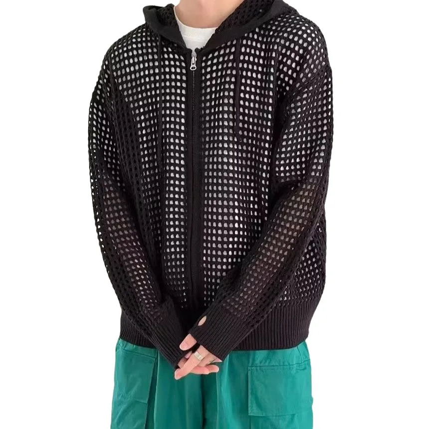 Hoodie Uniseks Kardigan Rajutan Berkerudung Berlubang Trendi untuk Pria Mantel Sweter Ritsleting Longgar Musim Semi Musim Gugur Pakaian Luar Kasual
