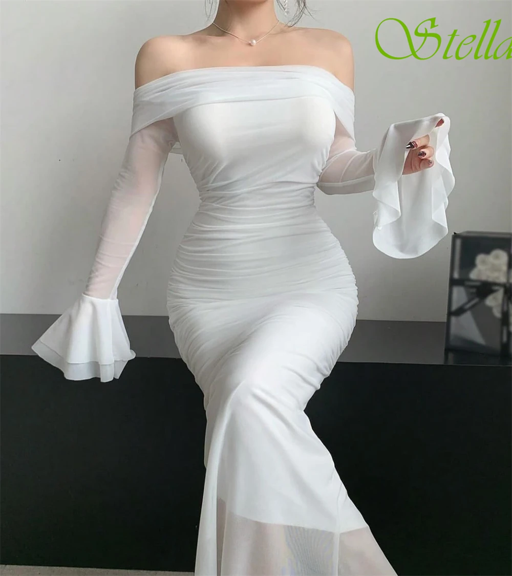 Robe de soirée élégante personnalisée, épaules dénudées, manches 3/4, transparente, en mousseline de soie, robes de bal de tempérament, robes de soirée de mariée