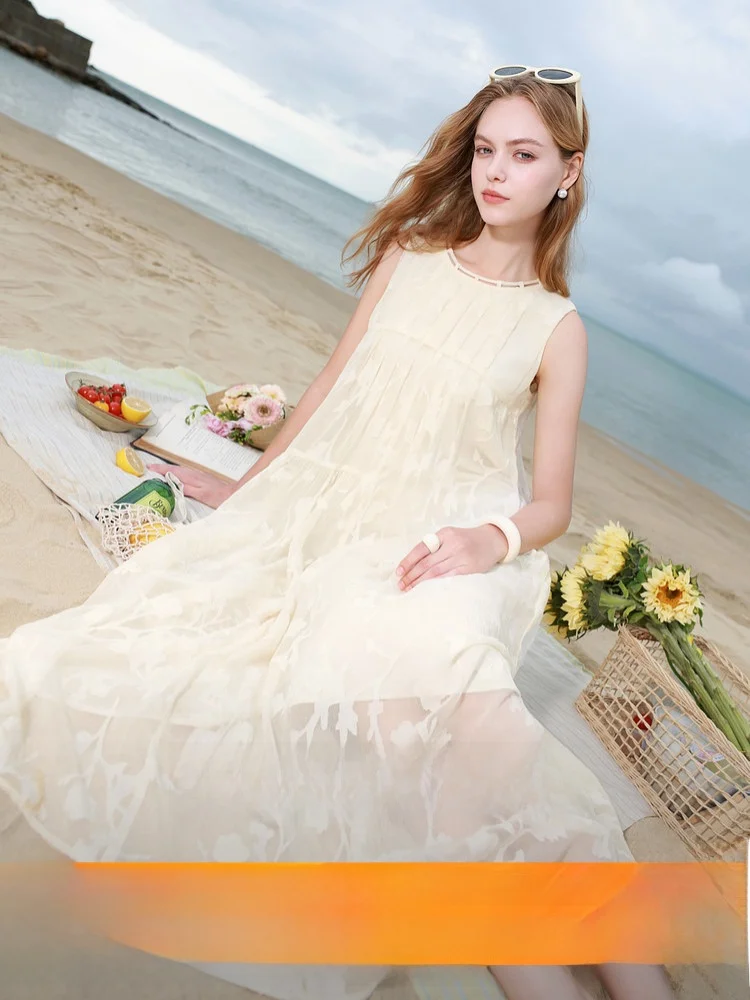 Tee-Color Summer 2025 Floral Cutout Svel round Ne Loose A-Line Dr Ele Commute Sle Polyester Fiber Long Dr