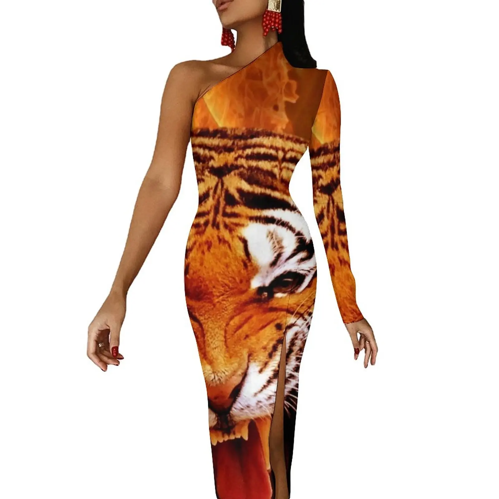 Tiger And Flame Maxi Dress Long Sleeve Animal Print Sexy Bodycon Dress Summer Party Long Dresses Ladies Design Clothing