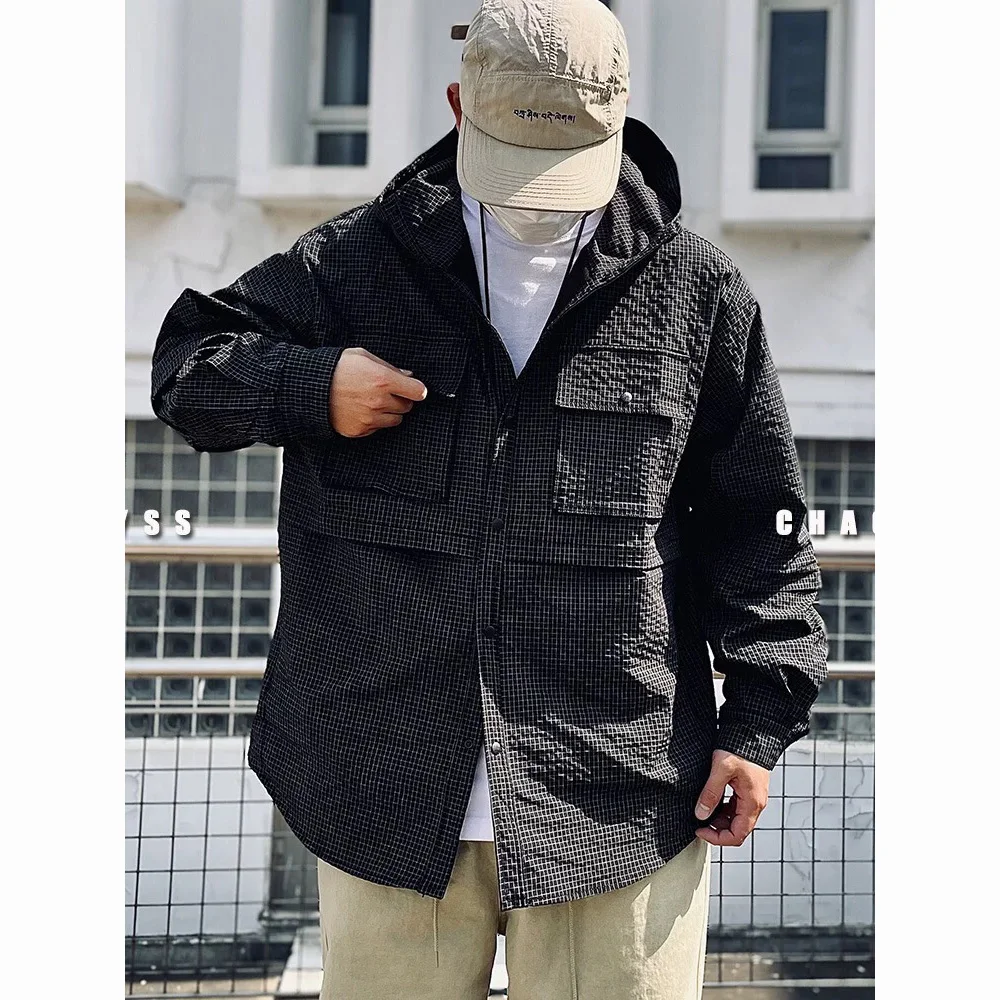 Men Cityboy Japanese Streetwear Outdoor Fashion Plaid Loose Casual Long Sleeve Hooded Cargo Shirts Man Oversized Shirt Coat