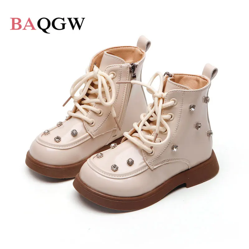 

Rhinestone Patchwork Princess Fashion Girls Ankle Short Boots Autumn Children PU Leather Spring Shoes Kids Flats Sole Zip Boots