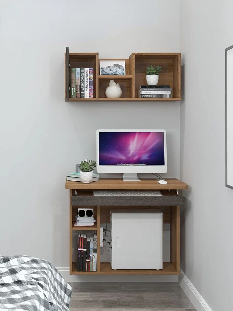 Desktop Computer Desk Home Bedroom Hanging Solid Wood Desk Simple Modern Hanging Small Apartment Bookshelf Combination