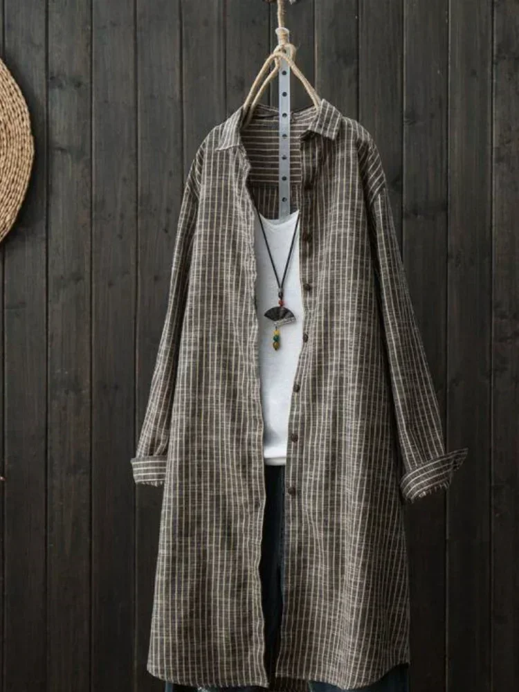 

Plus Size Women Blouse Shirts 2025 New Korean Style Loose Plaid Autumn Clothes Casual Retro Stripes Single Breasted Long Sleeves