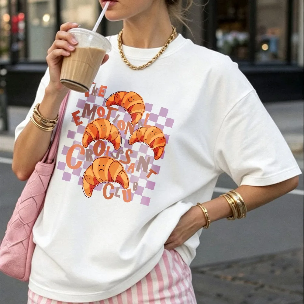 Emotional Croissants Graphic Cotton T-Shirt Crew Neck Short Sleeve White Checkered Background The Emotional Croissant Club Text