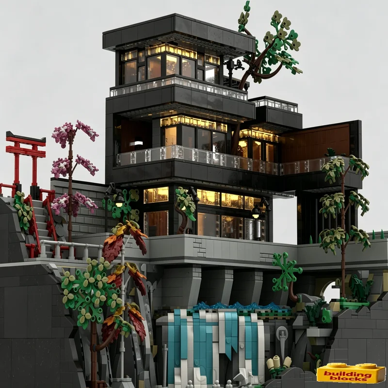 7390PCS Modern Japanese Waterfall Villa MOC Architecture Model Custom Puzzle Building Block DIY Assembly Educational Toy Gifts