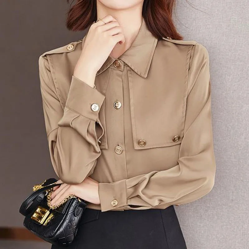 

Long Sleeve Vintage Commute Polo-Neck Shirt Women's Clothing 2022 Spring New Button Spliced Korean Fashion Solid Color Blouse