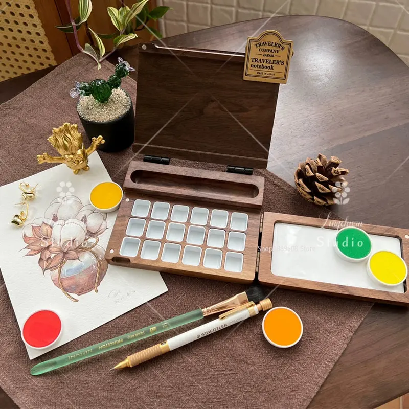 Ins Style Handmade Walnut Paint Box 18 Colors Watercolor Travel Box Round Hole Palette Ceramic Square Hole Painting Toolbox