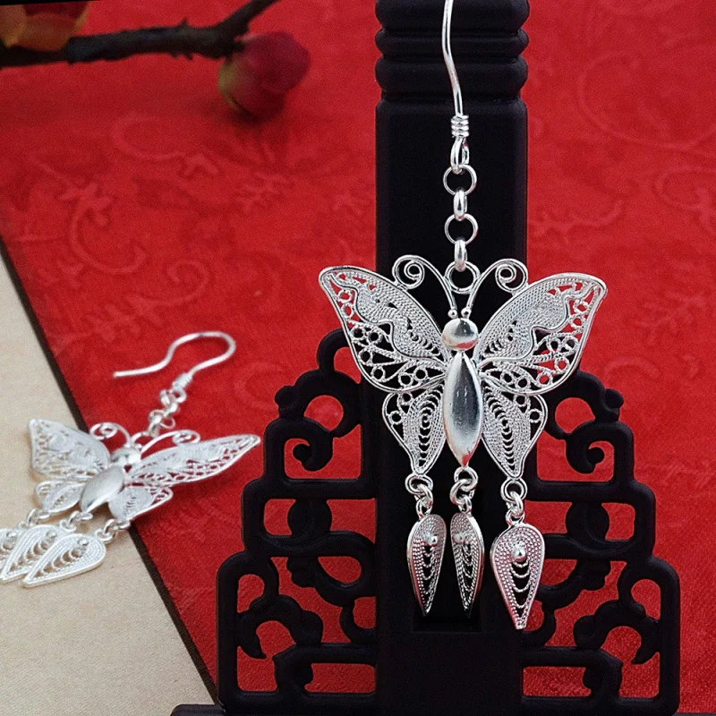 

999 Silver Earrings Women Long Tassel Pendant Ear Hooks Jewelry