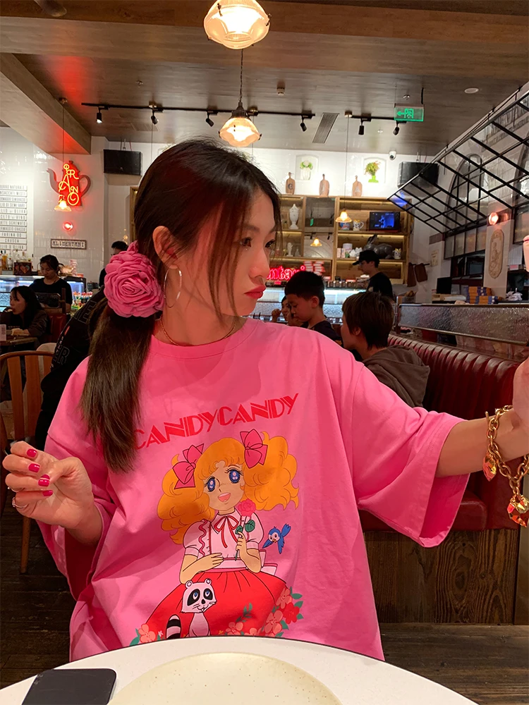 

Loose Women's Short Sleeve T-Shirt Pink Print Summer New Design Korean Style Cotton Comfortable Breathable round Neck Top