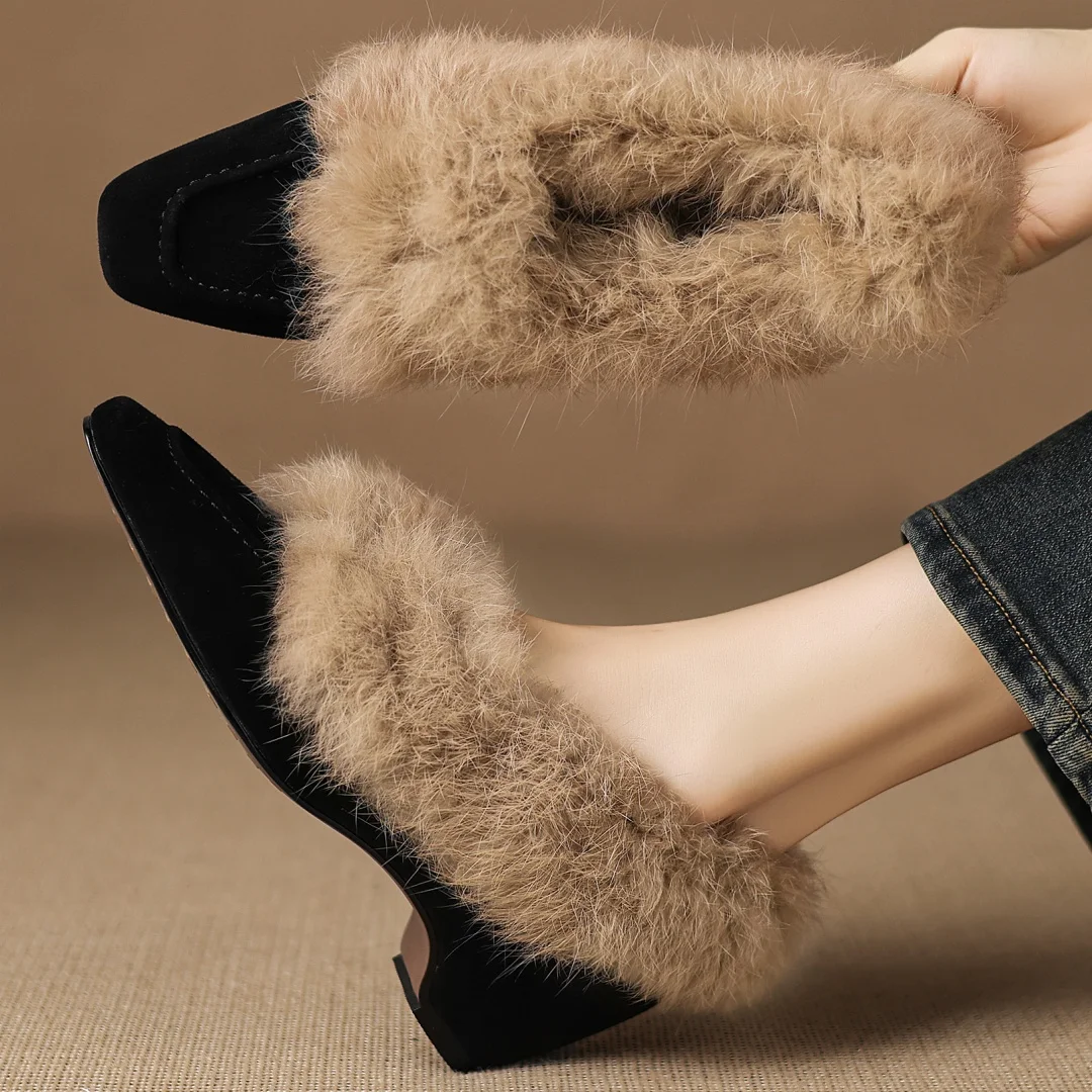 

danxuefei women's natural suede leather rabbit fur patchwork square toe short plush inside slip-on pumps 5cm wedge med heel shoe