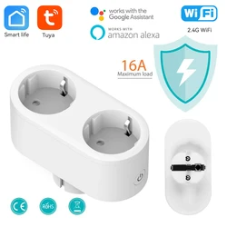 16A Tuya WiFi Dual Socket Switch 2 In 1 Smart EU Plug Smart Life APP Remote Timing Voice Control Works With Alexa Google Home