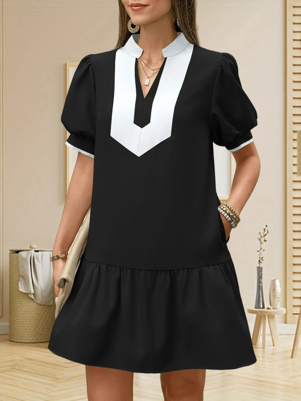 

Womens Summer Mini Dress Casual Puff Sleeve V Neck Color Block Loose A Line With Pockets