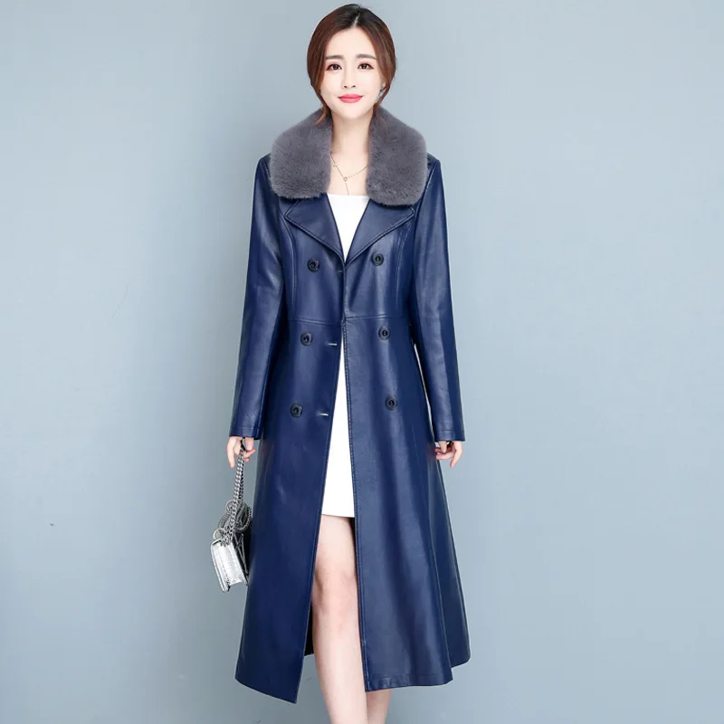 Chaqueta de cuero con cuello de algodón para mujer hasta la rodilla Otoño e Invierno nuevo estilo de moda cortavientos con cuello abatible chaqueta ajustada