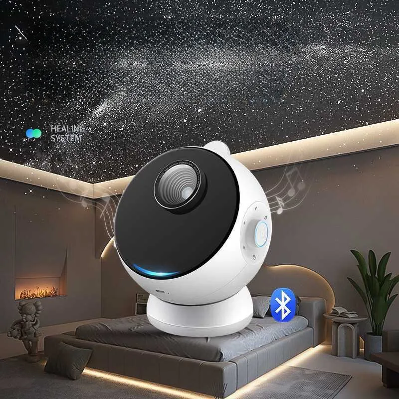 Proyector de luces nocturnas 3D para decoración de habitación de niños, lámpara de noche con Bluetooth giratorio, planetario, cielo estrellado,