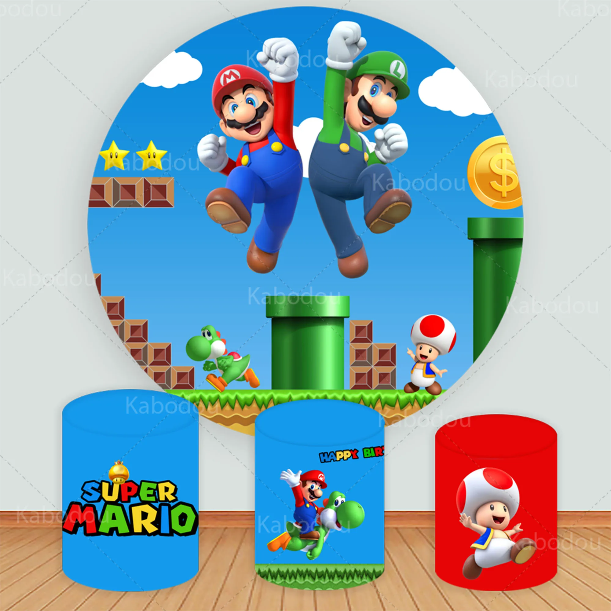 

The Super Mario Bros Round Backdrop Boys Birthday Decoration Photography Background Cylinder Cover Baby Shower Party Studio Prop