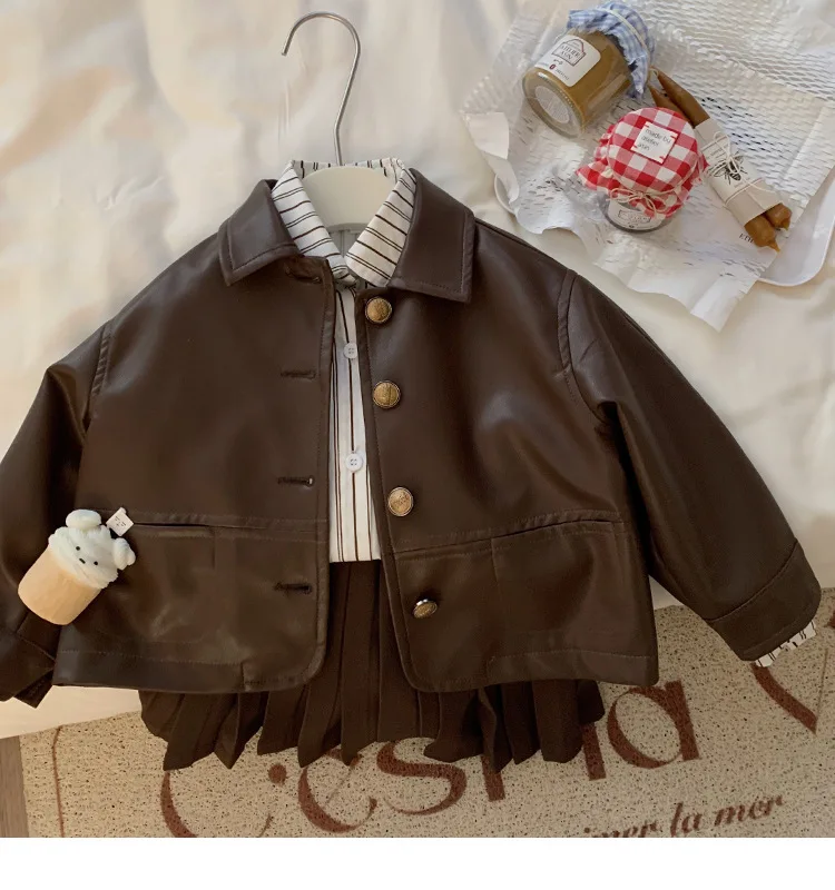 Korean Style Autumn Baby Girls Coats PU Leather Brown Jackets Shirts Single Breastede Cardigans New Arrival Kids Outwears