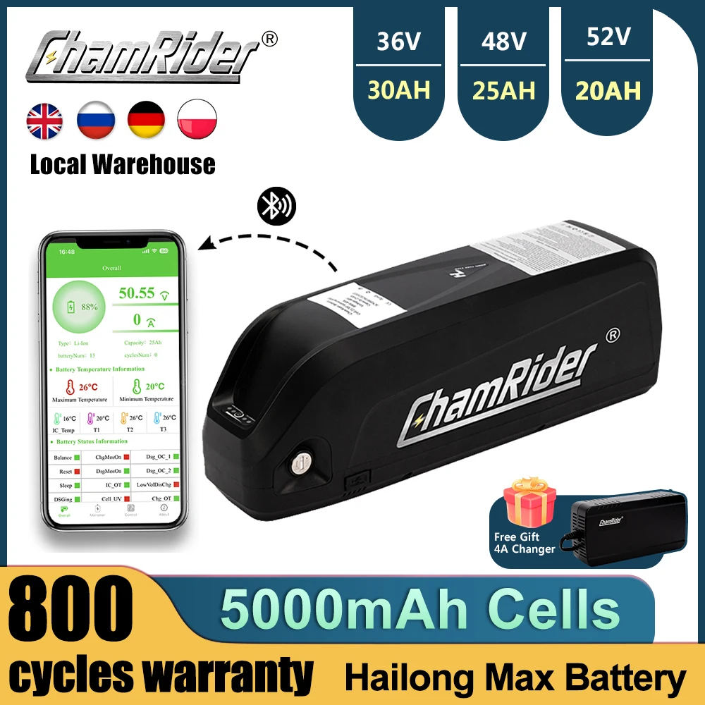 

Аккумуляторная батарея для электровелосипеда ChamRider, литиевая батарея для электровелосипеда Hailong Max, 48 В, 36 В, 52 в, 25 Ач, 50 А, BMS, 500 Вт, 1000 Вт, 1500 ячеек, 21700