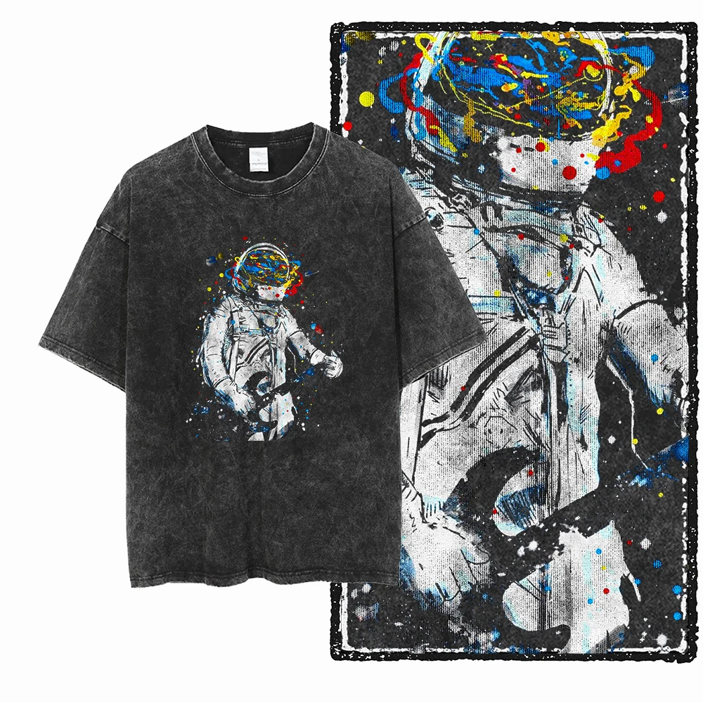 

SA Astronaut Space-themed PrintedCotton Acid-washed Graphic Gender-neutral T-shirt Cool Street Versatile and Fashionable T-shirt