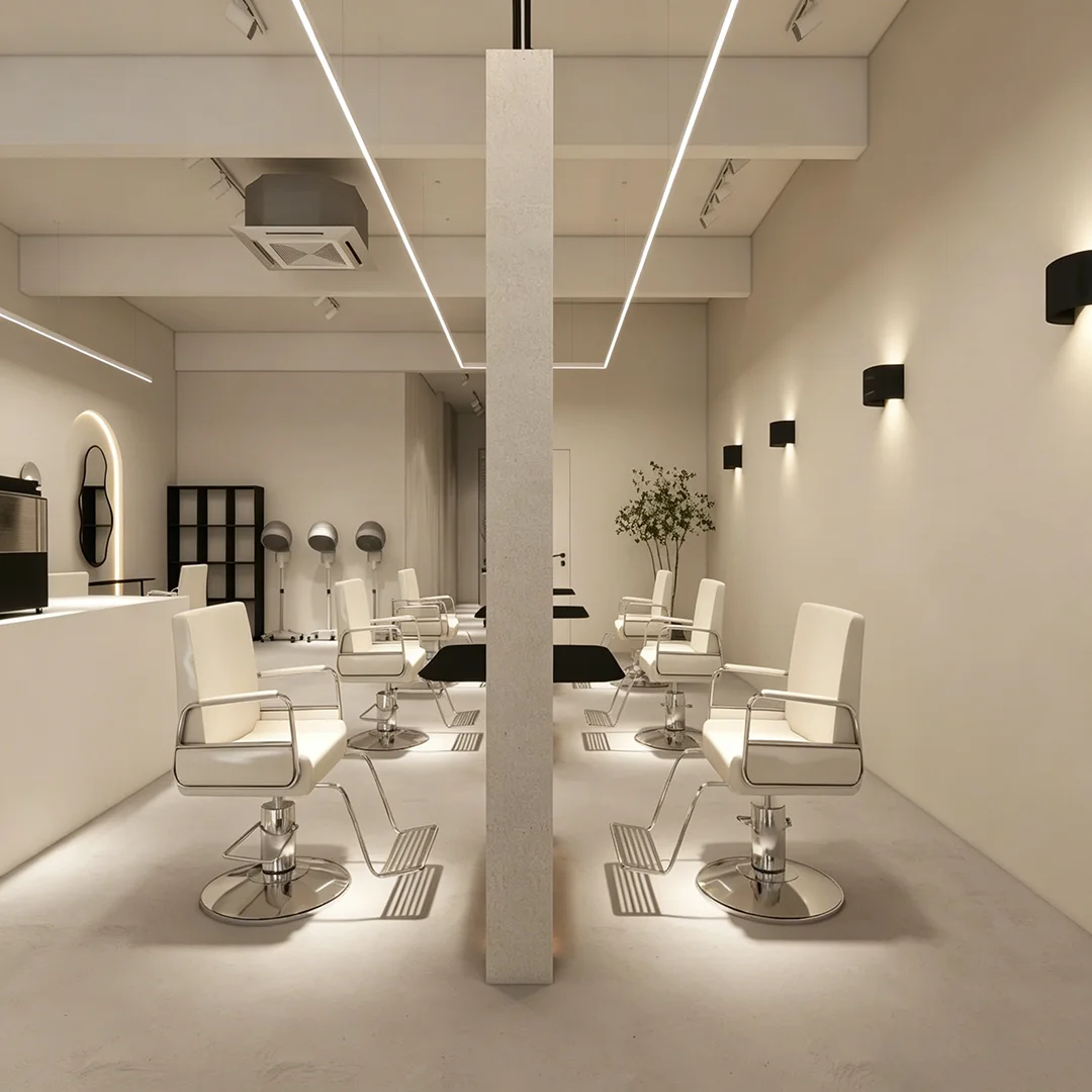 Barber Shop Column Mirror Table With LED Lights, Minimalist Style Hair Salon Showcase, Whole Store Customization