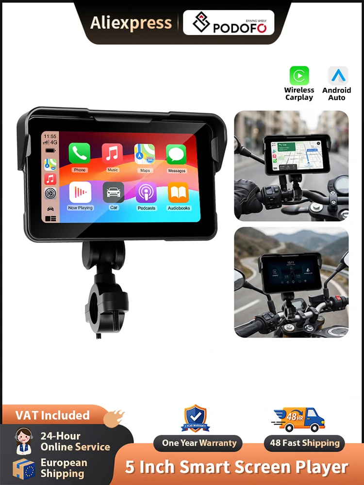 Podofo 5-calowy Bezprzewodowy Carplay Android Auto Nawigator Motocyklowy GPS IP68 Wodoodporny Monitor Ciśnienia Powietrza Odtwarzacz z Wyświetlaczem Motocyklowym — 2