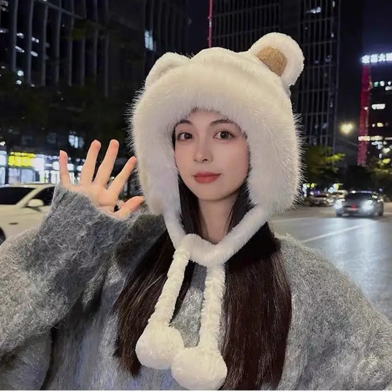 Winter Bear Plush Hat Outdoor Cycling Ear Protection Hat Thickened Warm Hat Casual Fleece Girls Hat Women's Warmth Essentials