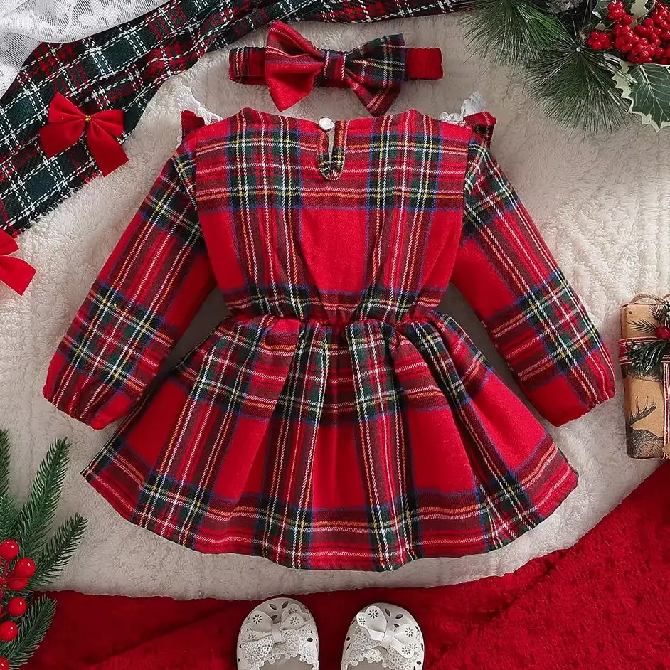 Christmas Children\'s Clothing Girls\' Dress Autumn New Baby Princess Dresses Long Sleeved Kid Red Checkered Skirt Dress for Girls