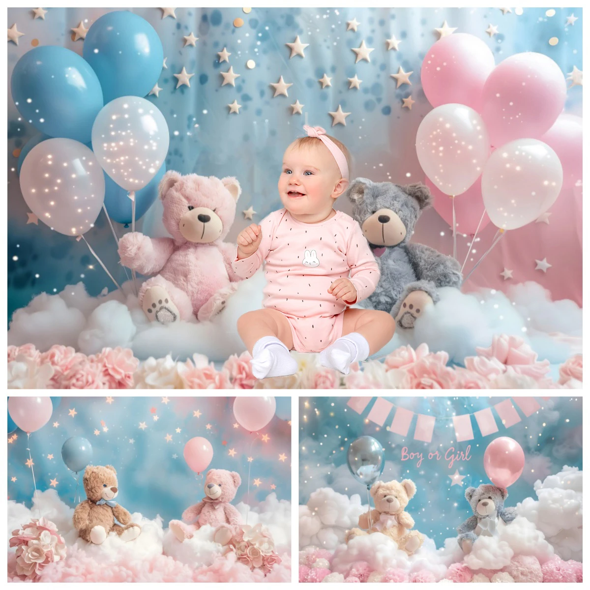 

Newborn 1st Birthday Decoration Backdrop Photography Baby Bear Pink Blue Balloons Cloud Baby Shower Background Photozone Props