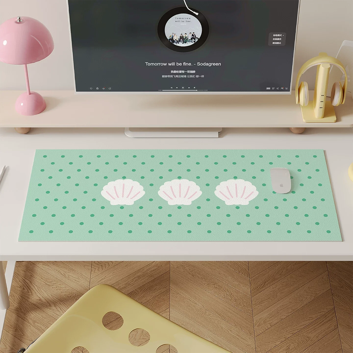 Leather Desk Pad Protector Pink Polka Dots Shell Pink Girl Y2K Mouse Pad Office Desk Mat Waterproof Non-Slip PU Desk Blotter Pad