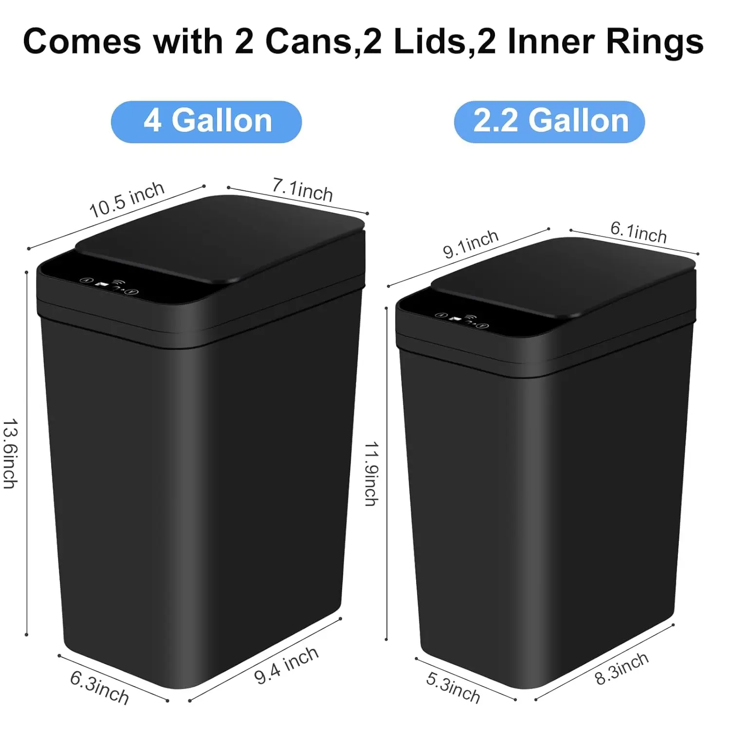 2 Pack 12L & 18L Automatic Trash Can Bathroom Touchless Motion Sensor Garbage Can with Lid for Bedroom living Room Kitchen Black