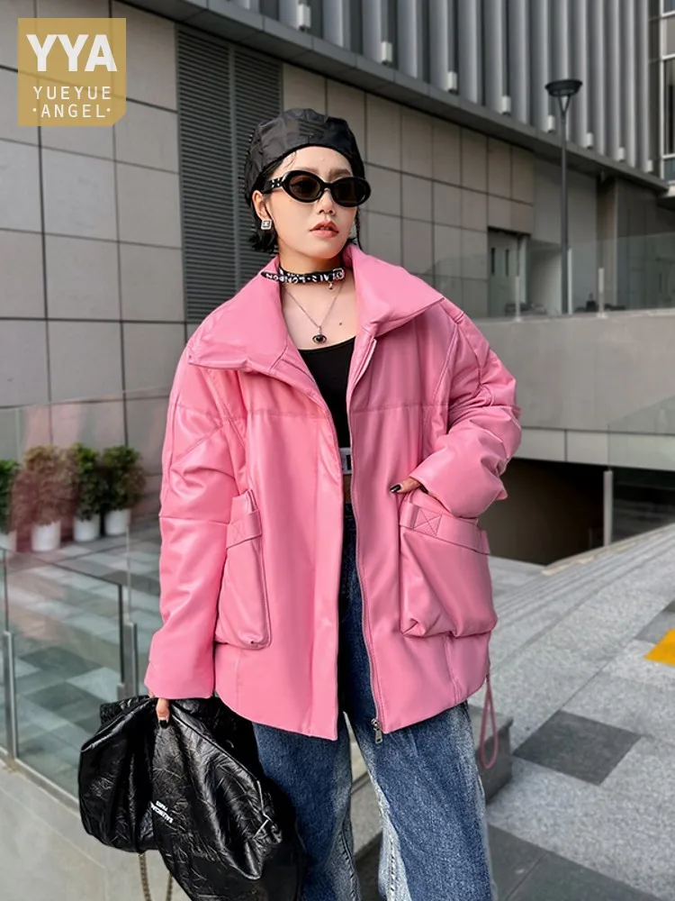 Fashion Women Oversized Sheepskin Genuine Leather Jacket Winter Warm White Duck Down Coat Casual Loose Fit Windbreaker Overocat